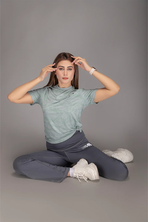 W - Printed Mesh Lycra T-Shirt - Pistachio Green