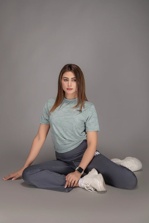 W - Printed Mesh Lycra T-Shirt - Pistachio Green