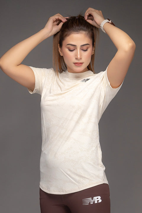 W - Printed Mesh Lycra T-Shirt - Beige