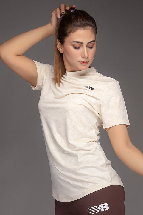 W - Printed Mesh Lycra T-Shirt - Beige